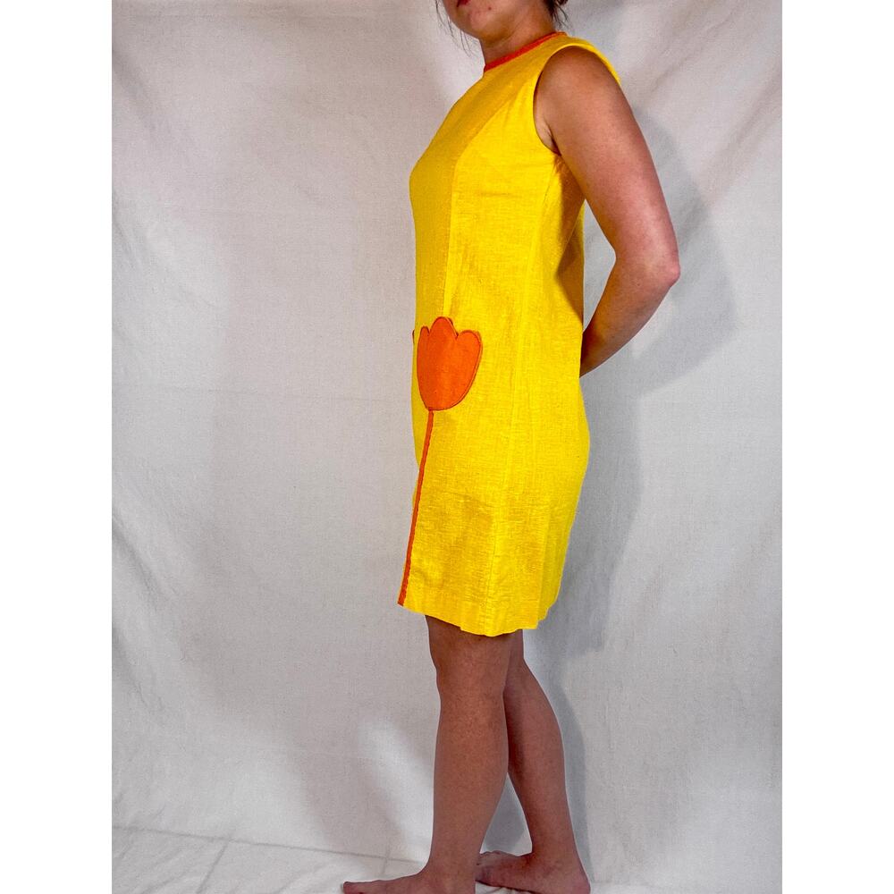 Vintage 1960s Mod Shift Dress Tear Away Skirt Set Yellow Orange Tulip Pockets - Picture 12 of 16